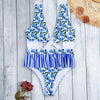 Plunge Neck Criss-cross Strap Backless Floral Print Ruffle Women Swimsuit