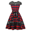 Round Collar Cap Sleeve Spliced Lace Plaid Belted A-line Women   Dress