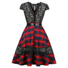 Round Collar Cap Sleeve Spliced Lace Plaid Belted A-line Women   Dress