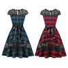 Round Collar Cap Sleeve Spliced Lace Plaid Belted A-line Women   Dress