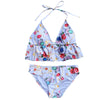 Halter Neck Backless Padded Print Ruffle Low Waist Women Bikini Set
