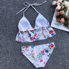 Halter Neck Backless Padded Print Ruffle Low Waist Women Bikini Set