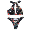 Halter Neck Backless Padded Floral Print Low Waist Women Bikini Set