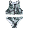 Zip Tropical Leaves Print Bikini Set