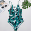 Spaghetti Strap Criss-cross Padded Backless Leaf Print Women Swimsuit