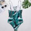 Spaghetti Strap Criss-cross Padded Backless Leaf Print Women Swimsuit