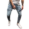 Men Jeans Mid Waist Stitching Worn-out Hole Slim Leg Zipper Pants