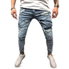 Men Jeans Mid Waist Stitching Worn-out Hole Slim Leg Zipper Pants