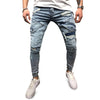 Men Jeans Mid Waist Stitching Worn-out Hole Slim Leg Zipper Pants