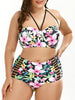 Plus Size Palm Floral Halter Strappy Bikini