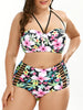 Plus Size Palm Floral Halter Strappy Bikini