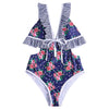 Plunge Neck Backless Padded Flounce Ruffle Tied Floral Print Women Swimsuit