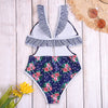 Plunge Neck Backless Padded Flounce Ruffle Tied Floral Print Women Swimsuit