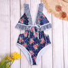 Plunge Neck Backless Padded Flounce Ruffle Tied Floral Print Women Swimsuit