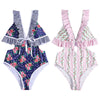 Plunge Neck Backless Padded Flounce Ruffle Tied Floral Print Women Swimsuit