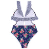 Plunge Neck Backless Padded Flounce Ruffle Tied Floral Print Women Swimsuit
