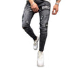 Men Jeans Mid Waist Worn-out Hole Patch Slim Leg Zipper Pants