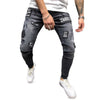 Men Jeans Mid Waist Worn-out Hole Patch Slim Leg Zipper Pants
