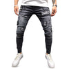 Men Jeans Mid Waist Worn-out Hole Patch Slim Leg Zipper Pants