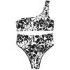 Flowers Pattern One Shoulder Women High Waist Bikini 2 Pieces Swimwear