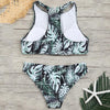 Zip Tropical Leaves Print Bikini Set
