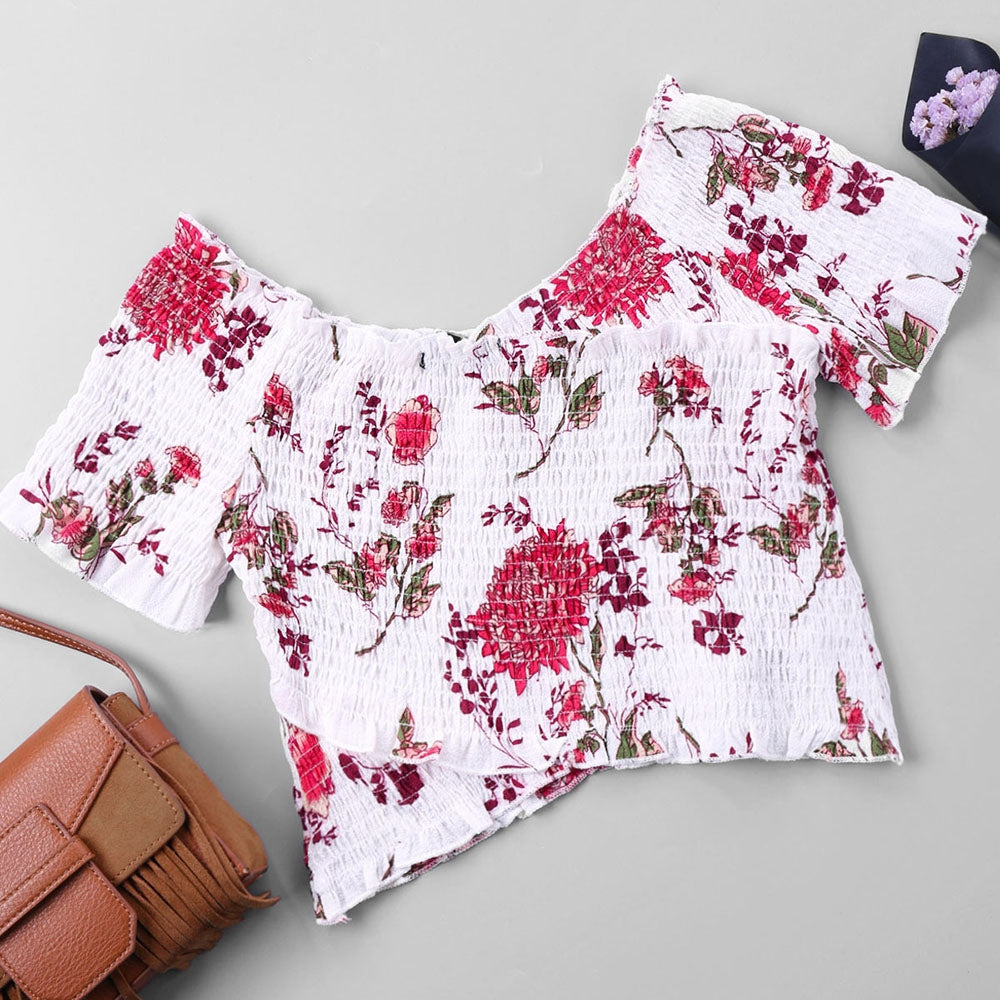 Floral Elastic Cropped Blouse
