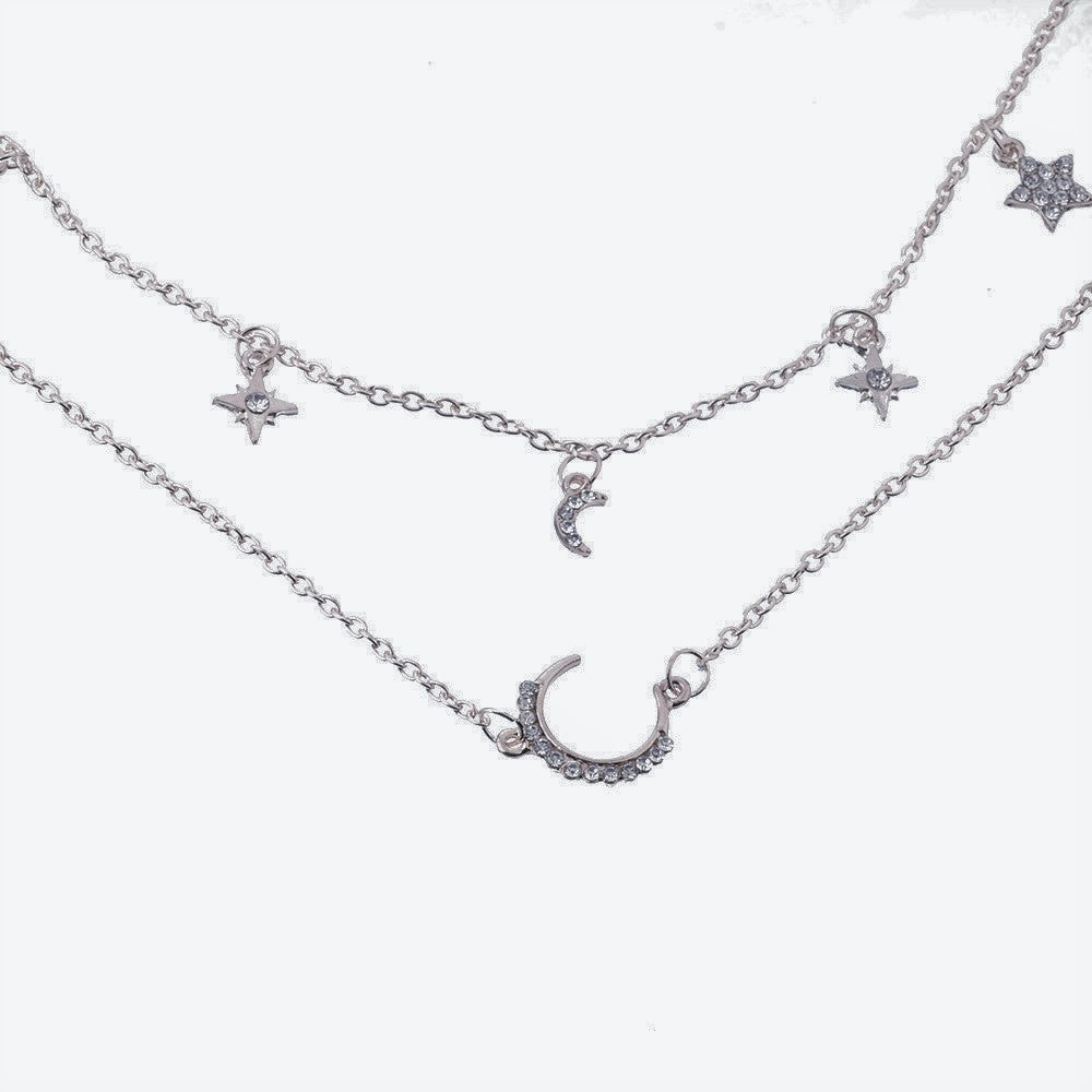 Women'S Fashion Wind Moon Stars Pendants Double Necklaces Ornaments Girls