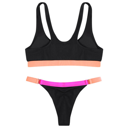 Zipper Front Crop Top Colors Patchwork Low Waist Women Bikini Set Swimsuit