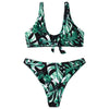 Sexy Plunge Neck Padded Leaf Print Knotted Beachwear Low Waist Women Bikini Set