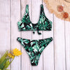 Sexy Plunge Neck Padded Leaf Print Knotted Beachwear Low Waist Women Bikini Set