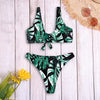 Sexy Plunge Neck Padded Leaf Print Knotted Beachwear Low Waist Women Bikini Set