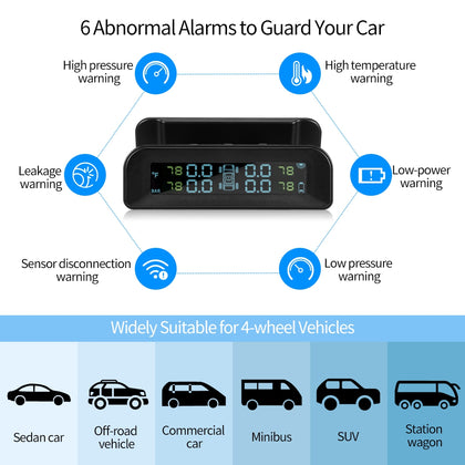 ZEEPIN C260 Tire Pressure Monitoring System Solar TPMS Universal Real-time Tester LCD Screen with 4 External Sensors