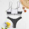 Sexy Spaghetti Strap Color Blocking Striped Print Padded Backless Low Waist Women Bikini Set