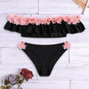 Off The Shoulder Flounce Padded Decorative Flowers Low Waist Two-piece Women Bikini Set