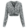 V Neck Turn-down Collar Long Sleeve Snakeskin Pattern Button Women Crop Top