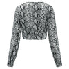 V Neck Turn-down Collar Long Sleeve Snakeskin Pattern Button Women Crop Top