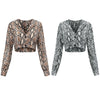 V Neck Turn-down Collar Long Sleeve Snakeskin Pattern Button Women Crop Top