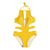 Halter Neck Padded Backless Cut Out Solid Color Women Swimsuit