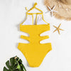 Halter Neck Padded Backless Cut Out Solid Color Women Swimsuit