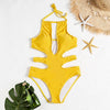 Halter Neck Padded Backless Cut Out Solid Color Women Swimsuit