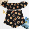 Off The Shoulder Short Sleeve Floral Print Crop Top Slit Zipper Shorts Women Two-piece Set