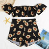 Off The Shoulder Short Sleeve Floral Print Crop Top Slit Zipper Shorts Women Two-piece Set