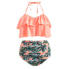Ruffle Leaf Pattern Halter Bikini Set