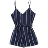 Spaghetti Strap Backless Vertical Stripe Print Belted Women Romper