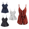 Spaghetti Strap Backless Vertical Stripe Print Belted Women Romper