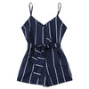Spaghetti Strap Backless Vertical Stripe Print Belted Women Romper