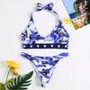 Halter Neck Padded Backless Camouflage Print Cut Out Low Waist Women Bikini Set