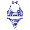 Halter Neck Padded Backless Camouflage Print Cut Out Low Waist Women Bikini Set
