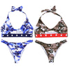 Halter Neck Padded Backless Camouflage Print Cut Out Low Waist Women Bikini Set