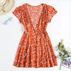 V Neck Cap Sleeve Floral Print A-line Cotton Tied Strap Women Wrap Dress